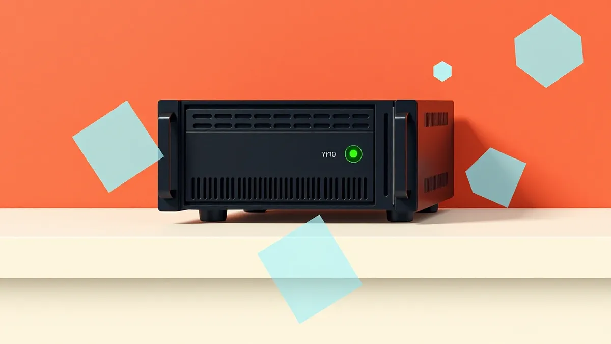 Illustration: A sleek black server chassis sits on a clean white desk, its front panel displaying a single steady green LED.