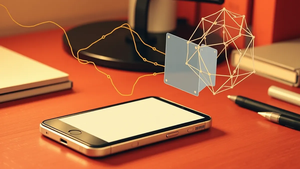 Illustration: A smartphone rests on a desk with its screen displaying a blank application interface.
