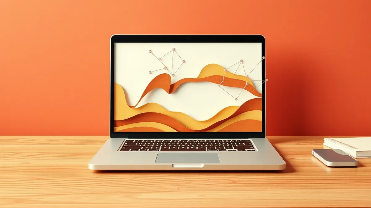 Illustration: A sleek silver laptop rests on a wooden desk, its lid open to reveal a blank screen displaying abstract flowing geometric shapes.