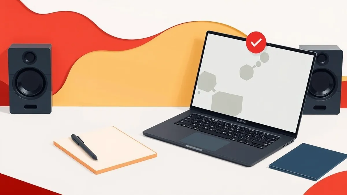 Illustration: A sleek black laptop sits open on a clean white desk beside a stylus and a blank notepad.