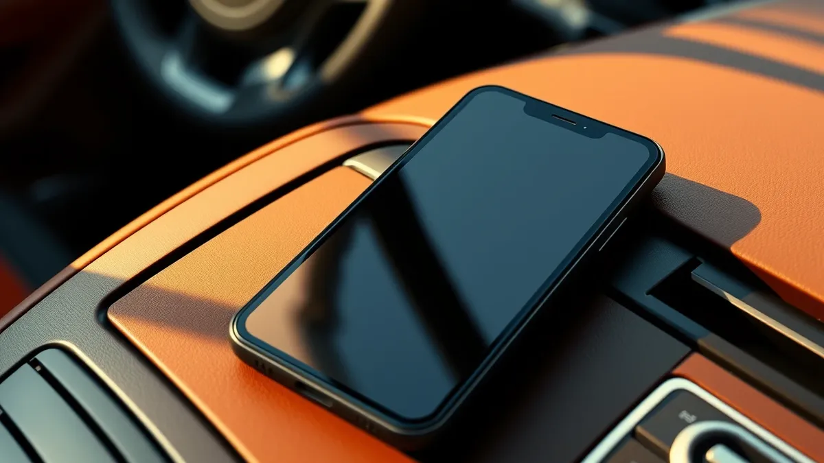 Illustration: A sleek black smartphone rests on a car dashboard, its screen displaying a blank interface with three empty icon slots.
