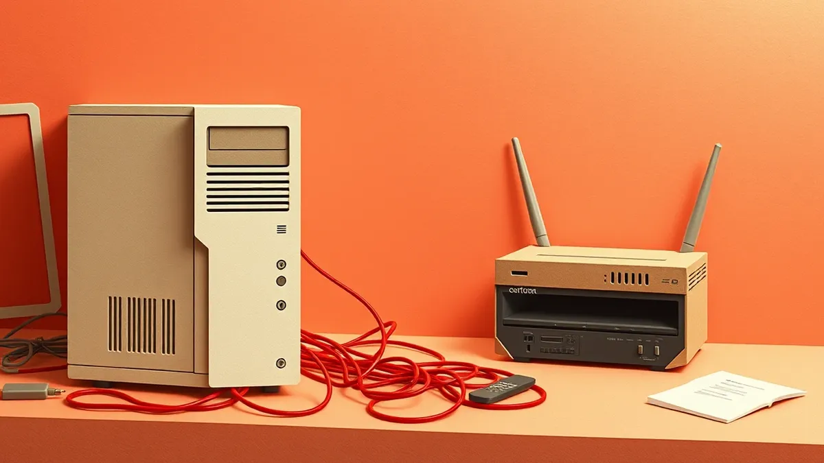 Illustration: A small office desk holds a generic computer tower with a tangle of cables snaking under it.