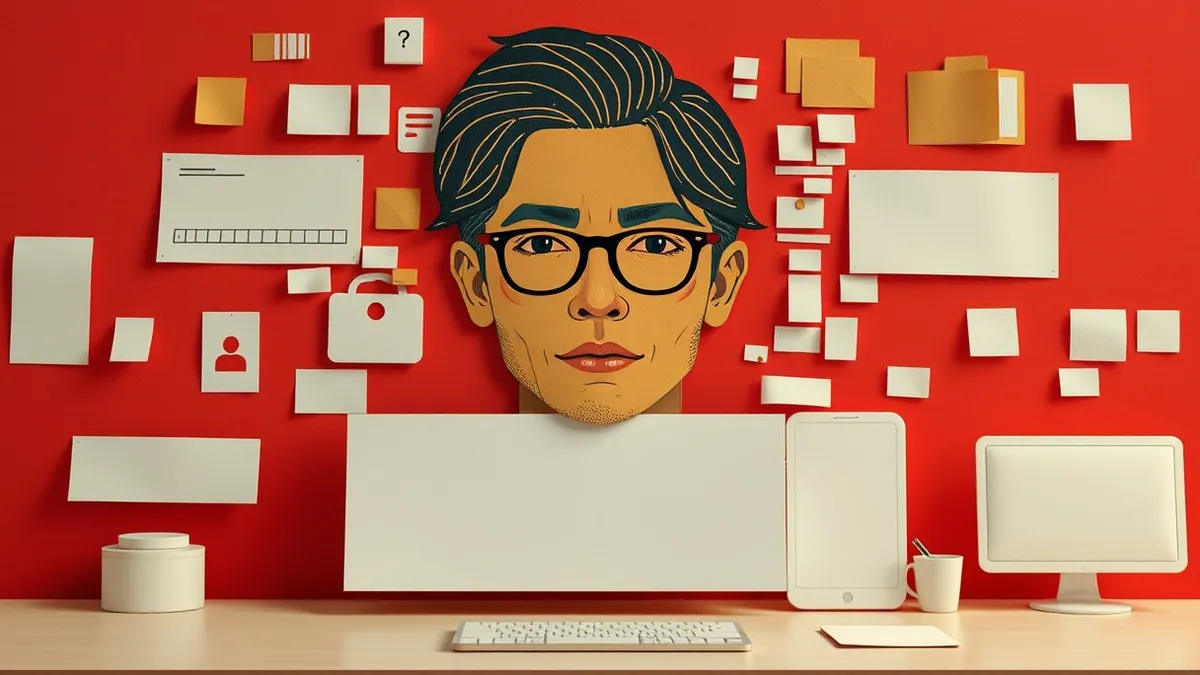 Illustration: A digital collage assembles disparate fragments of personal data into a cohesive, fabricated portrait.
