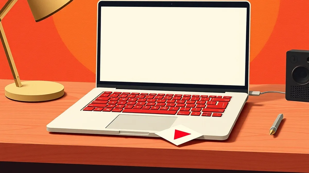 Illustration: A sleek laptop sits on a wooden desk, its screen displaying a blank document editor with a single red warning triangle in the corner.