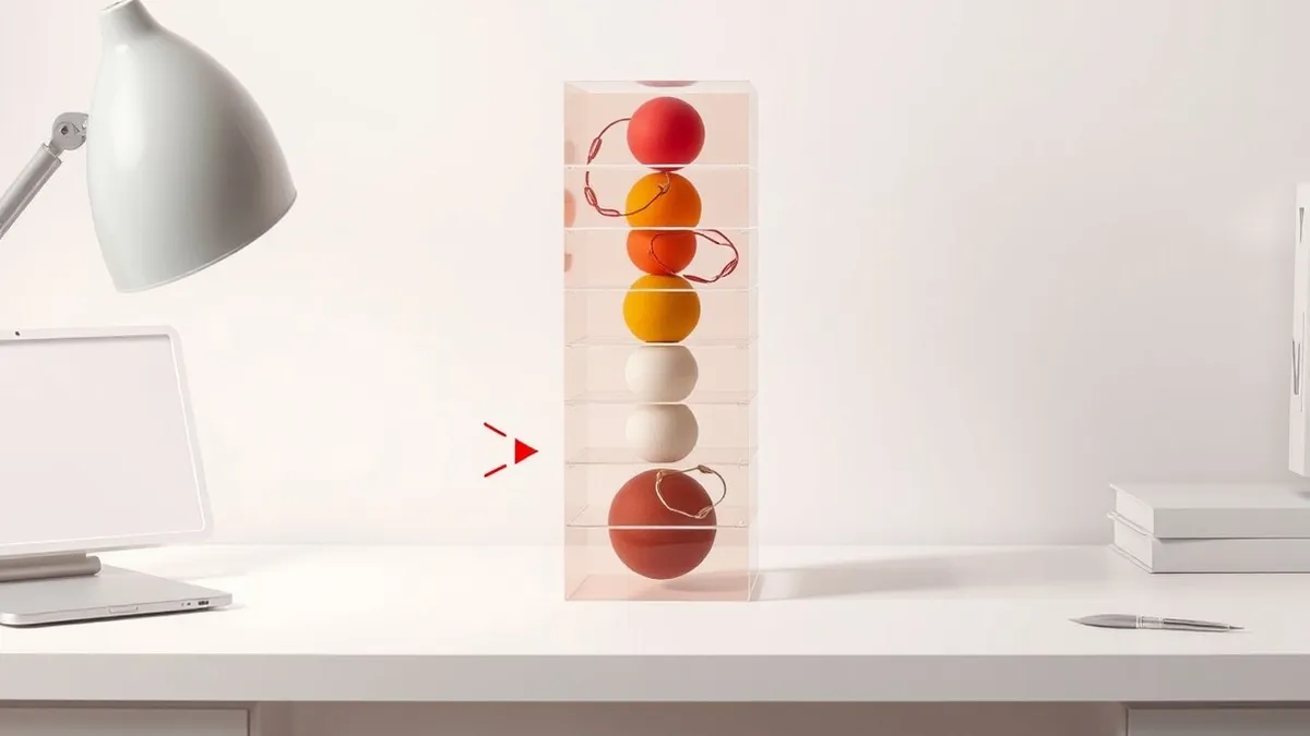Illustration: A tall stack of seven transparent acrylic blocks sits on a white desk.