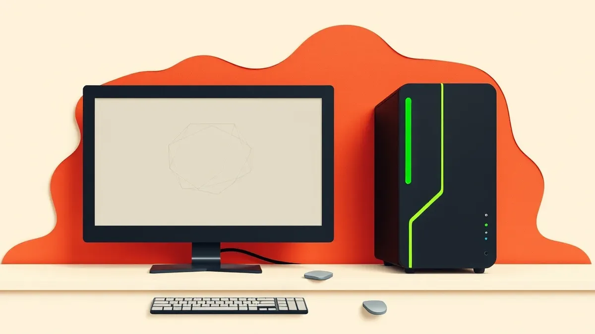 Illustration: A sleek black desktop computer tower sits on a clean desk, connected to a blank monitor displaying abstract geometric shapes.
