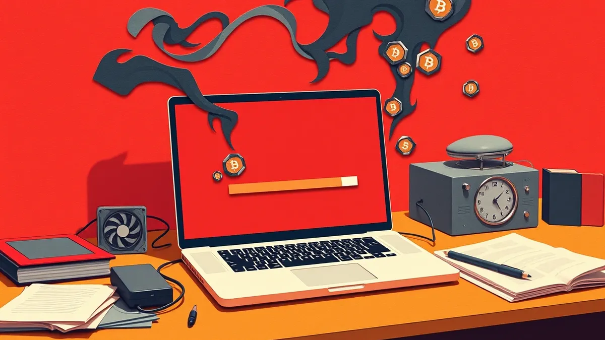 Illustration: A sleek laptop sits on a cluttered desk, its fan spinning wildly while the screen displays a single, slowly filling progress bar.