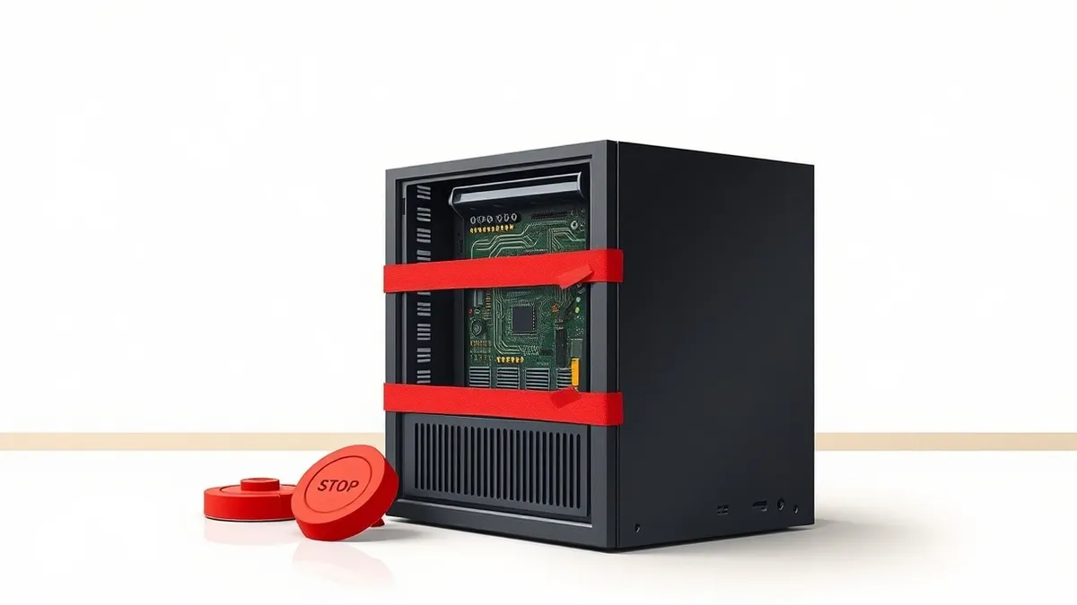 Illustration: A sleek black server unit sits on a metal rack with its front panel removed.