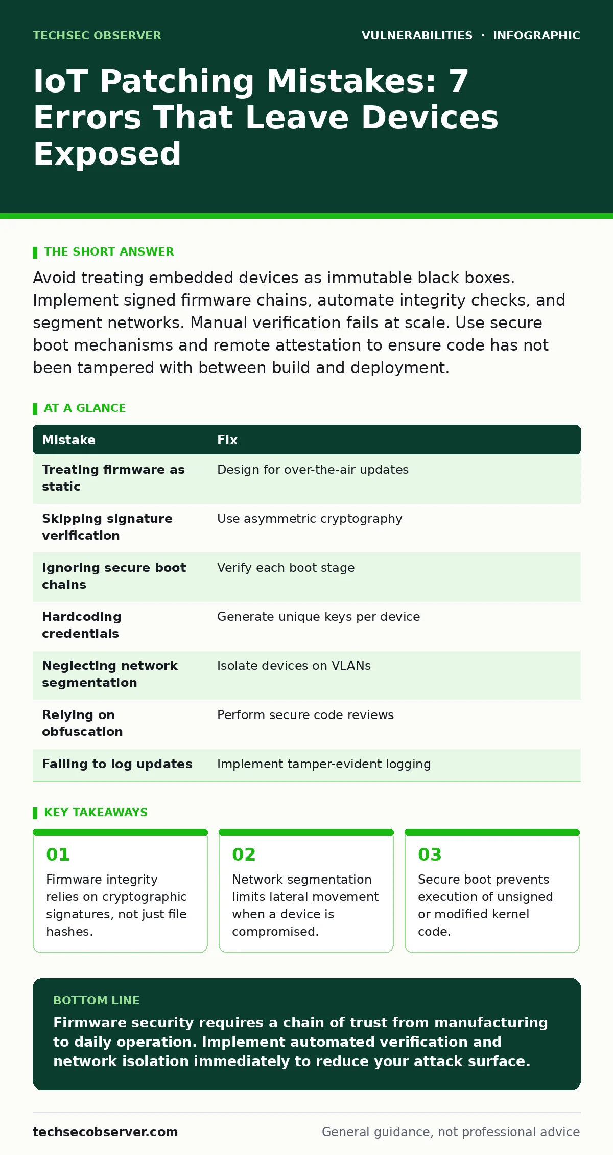 Infographic: IoT Patching Mistakes: 7 Errors That Leave Devices Exposed. Firmware integrity relies on cryptographic signatures, not just file hashes. Network segmentation limits lateral movement when a device is compromised. Secure boot prevents execution of unsigned or modified kernel code.