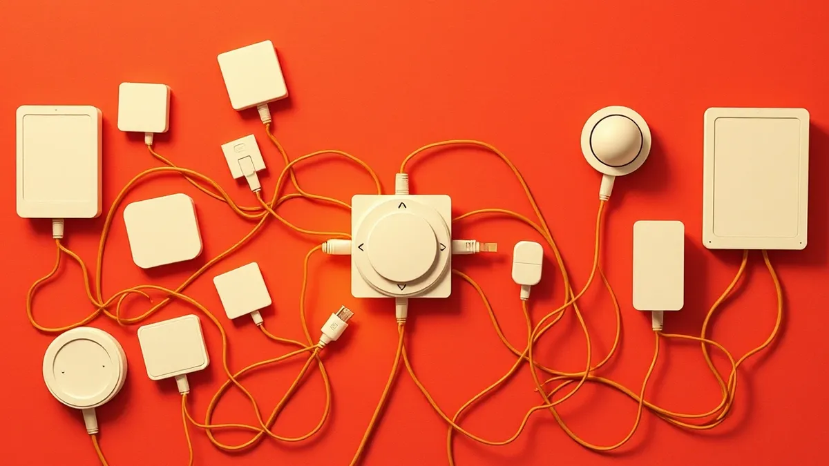 Illustration: A tangled nest of wires connects various household sensors to a central hub.