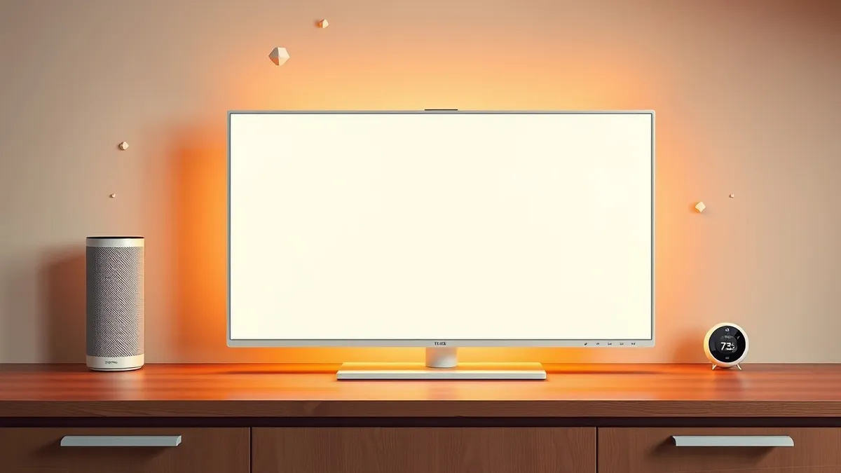 Illustration: A sleek white rectangular smart display sits on a kitchen counter beside a cylindrical smart speaker and a small round thermostat.