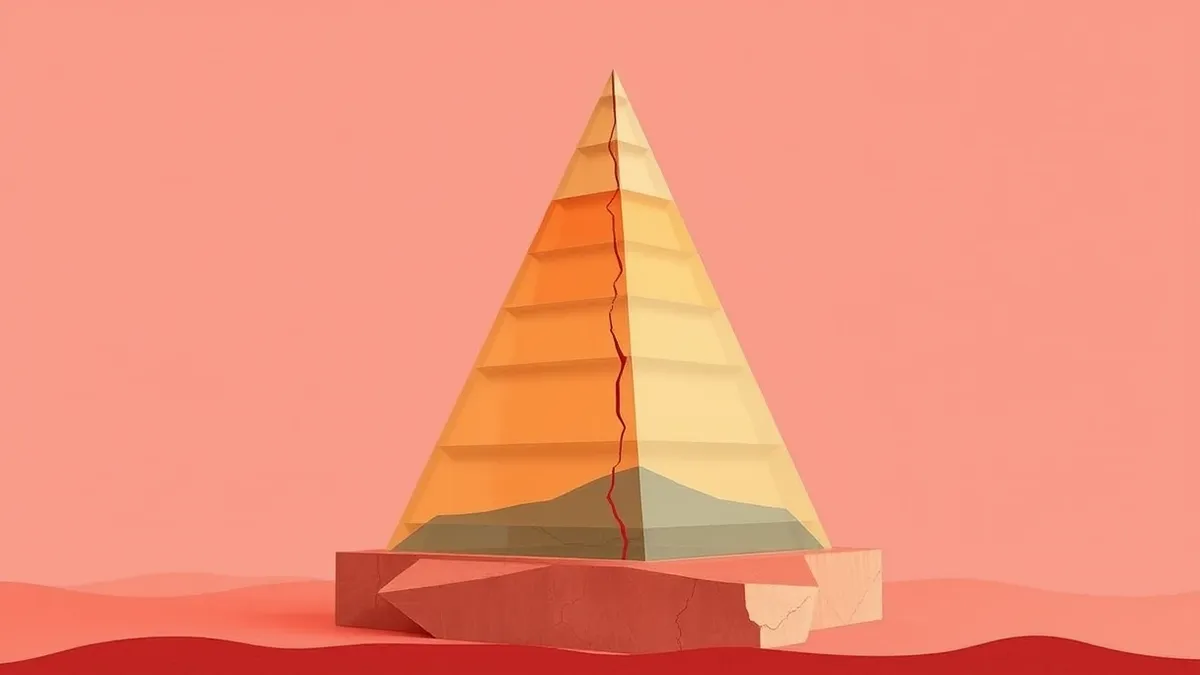 Illustration: A towering glass pyramid rests on a solid stone base, with translucent geometric layers stacking upward toward a fragile apex.