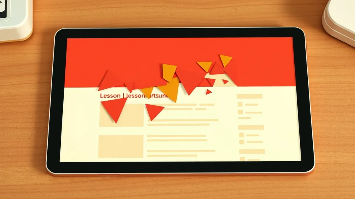 Illustration: A tablet displays a distorted, glitching educational interface with fragmented geometric shapes.