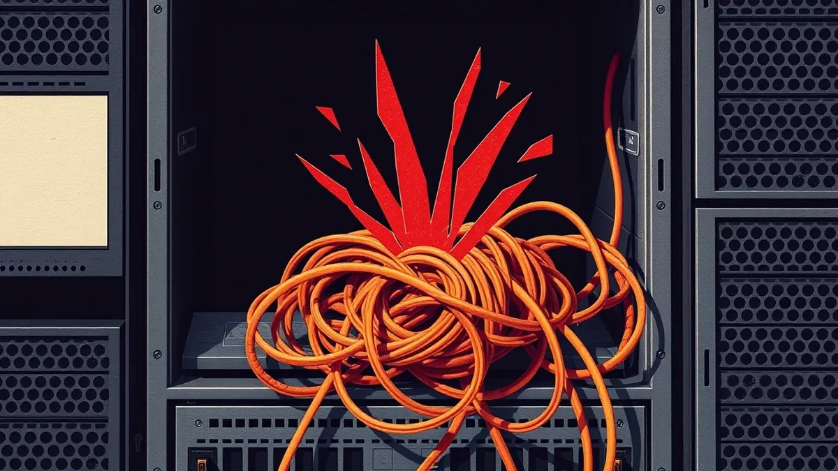 Illustration: A tangled knot of fiber-optic cables rests on a metallic server chassis, with jagged red shards erupting from the center to symbolize a broken command execution path.