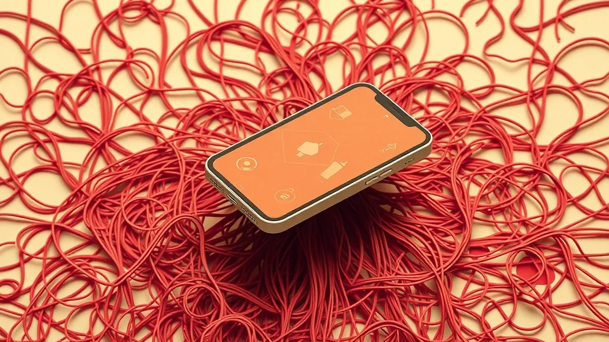 Illustration: A transparent smartphone floats above a chaotic tangle of tangled digital wires.