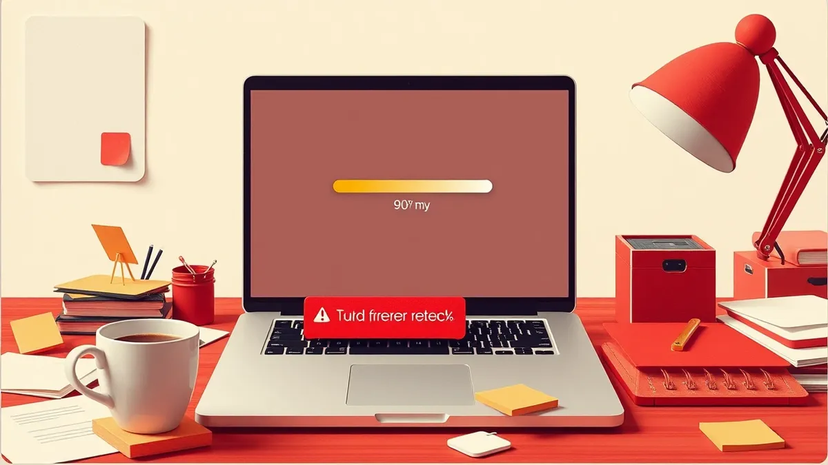 Illustration: A sleek silver laptop sits on a cluttered office desk, its screen displaying a frozen progress bar stuck at ninety percent.