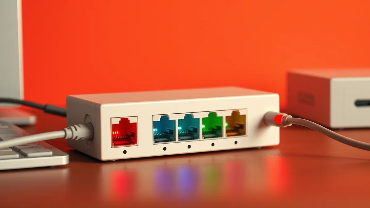 Illustration: A white ethernet switch sits on a desk, its rear ports glowing with distinct colors to show isolated data paths.