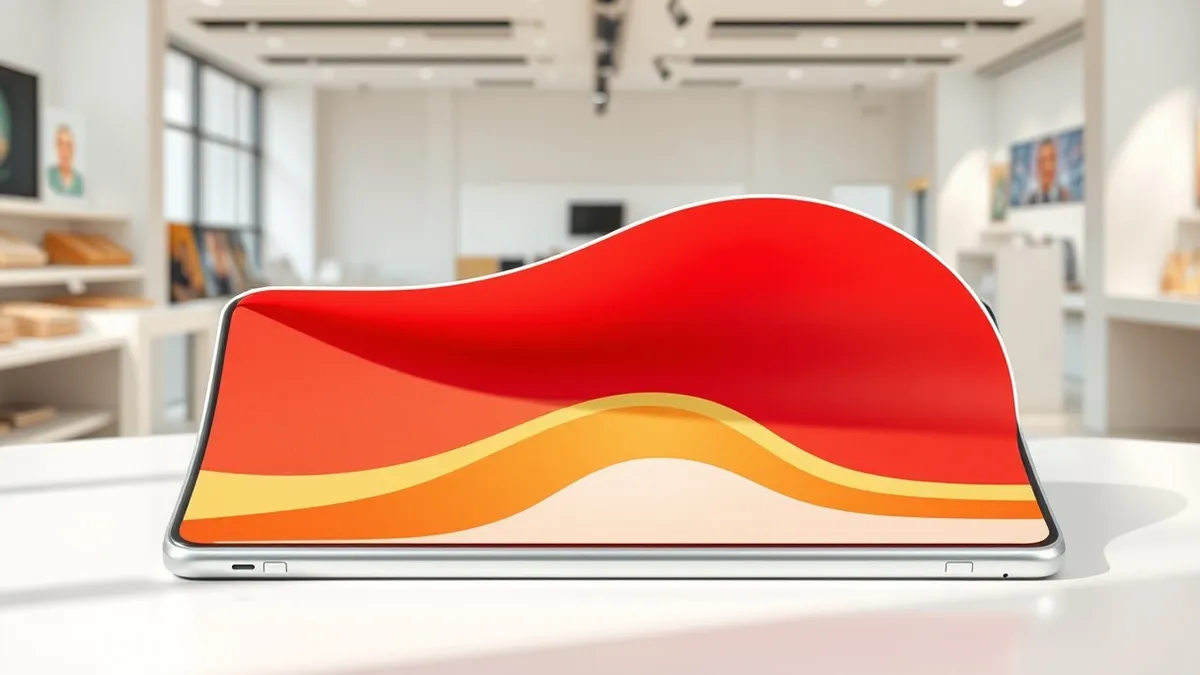 Illustration: A sleek silver smartphone rests open on a minimalist white table, its flexible screen displaying soft abstract color gradients.