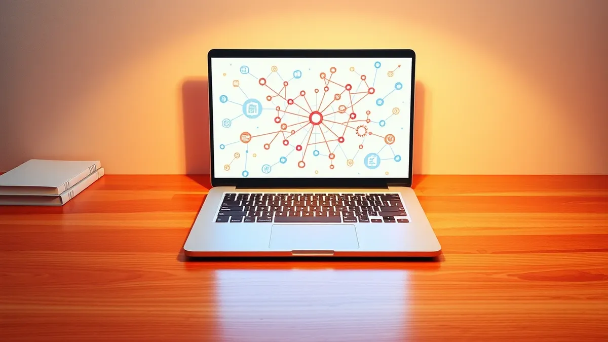 Illustration: A sleek silver laptop sits open on a polished wooden desk, its screen displaying a complex web of interconnected glowing nodes and abstract geometric shapes.