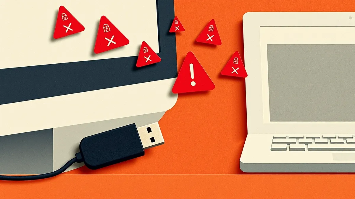 Illustration: A black usb stick sits plugged into a computer port while red warning symbols float above it, indicating a blocked connection.