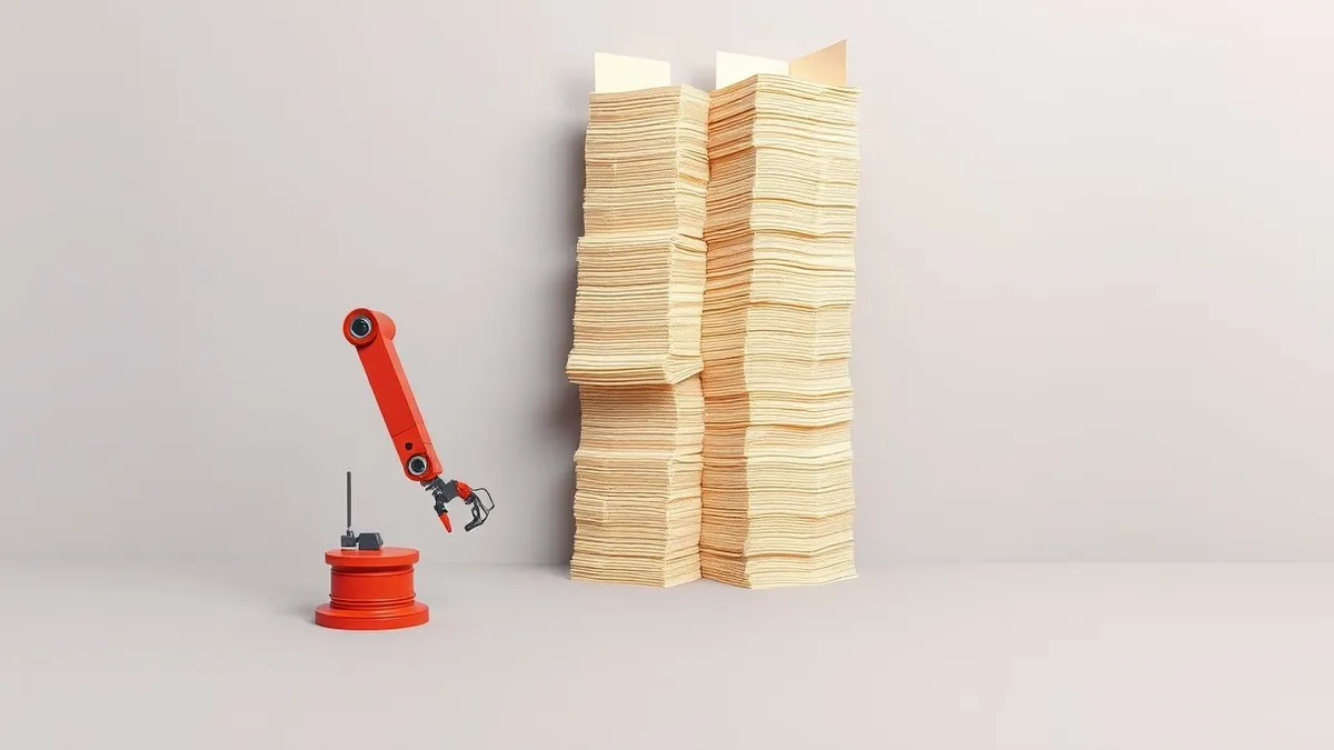 Illustration: A solitary, sleek robotic arm rests idle on a stark gray surface beside a towering stack of blank paper bills.