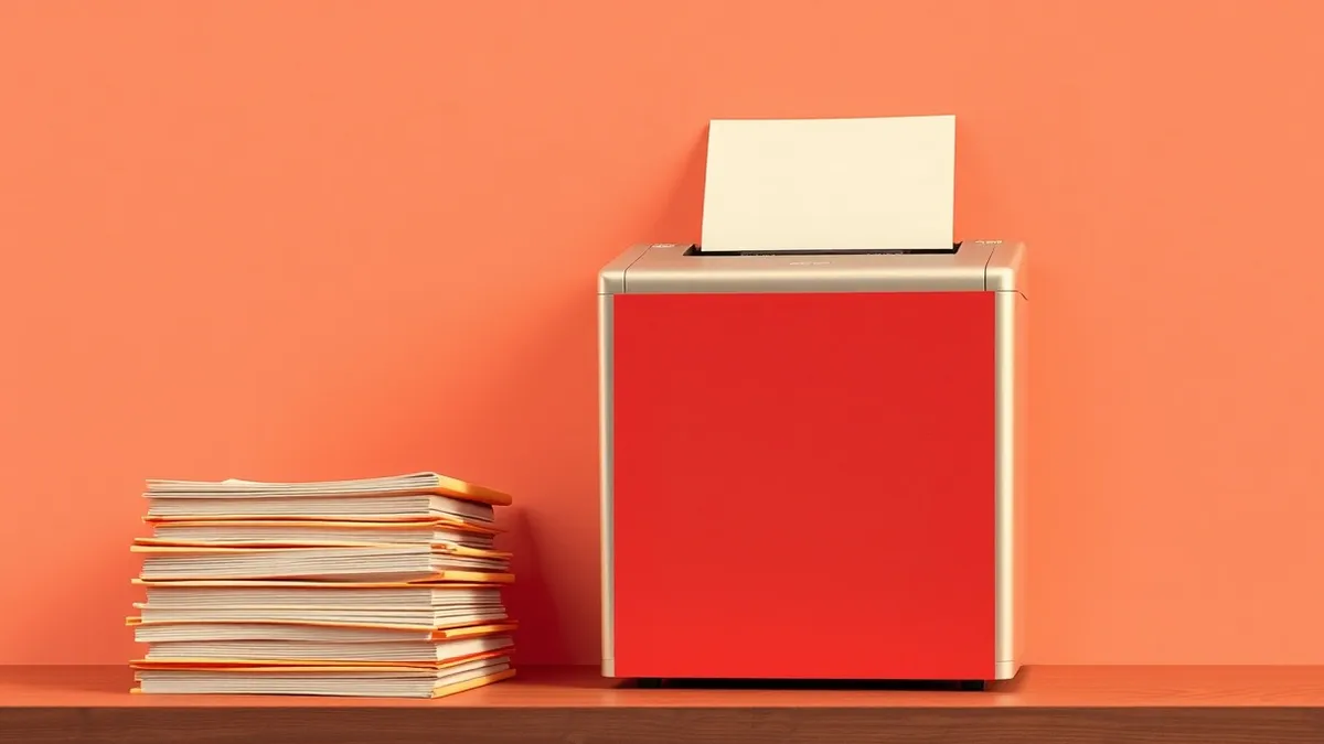 Illustration: A neat stack of blank paper files sits beside a sleek, modern shredder.