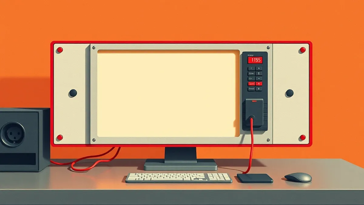 Illustration: A sleek industrial control panel sits on a steel desk, its blank screen reflecting a single red wire snaking from the back towards a dark socket.