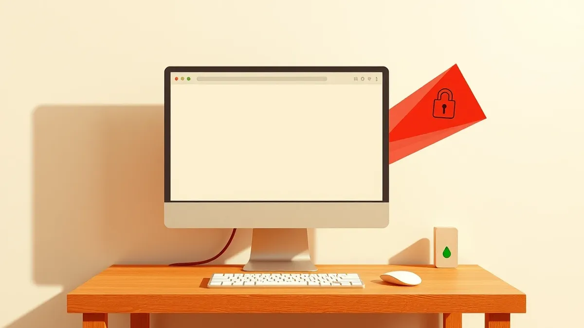 Illustration: A generic desktop computer sits on a clean wooden desk, its monitor displaying a blank web browser window with a small green padlock icon in the address bar.