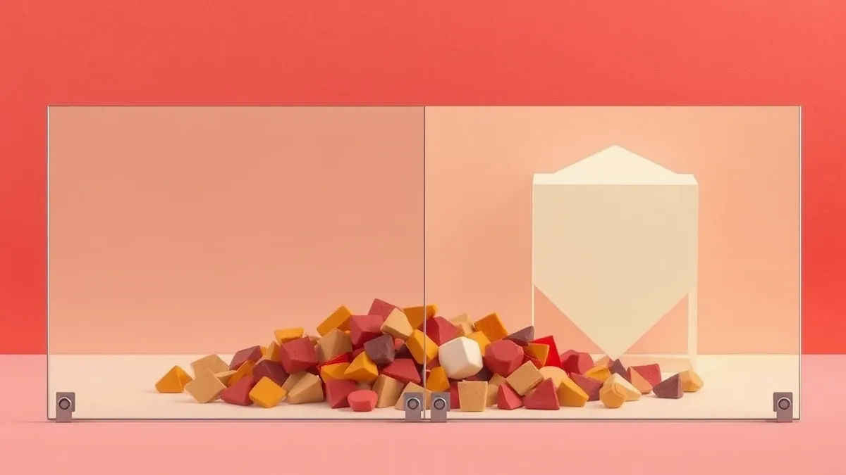Illustration: A transparent glass partition divides a chaotic pile of colorful clay shapes from a pristine geometric structure.