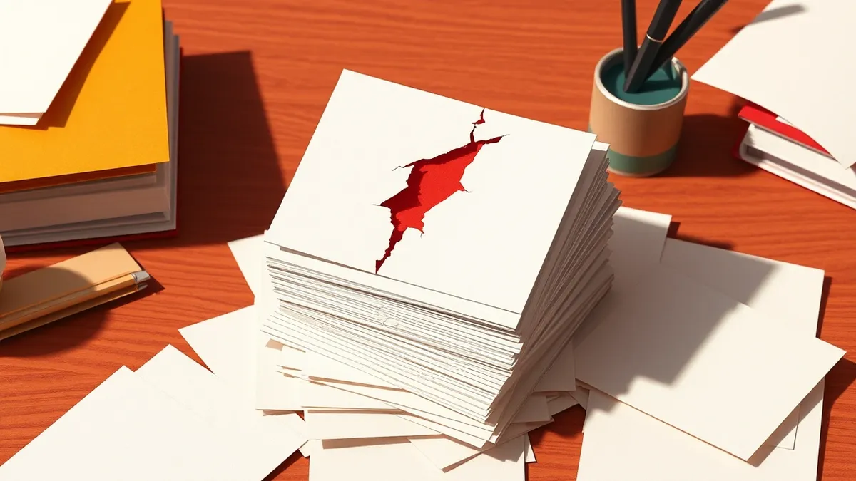 Illustration: A stack of blank white index cards sits on a wooden desk, with one card slightly askew revealing a jagged red tear through its center.