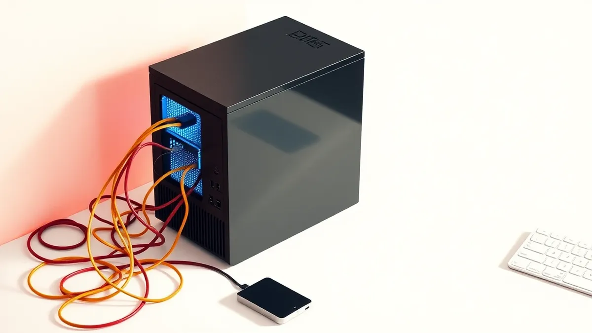 Illustration: A sleek black desktop computer sits on a clean white desk.