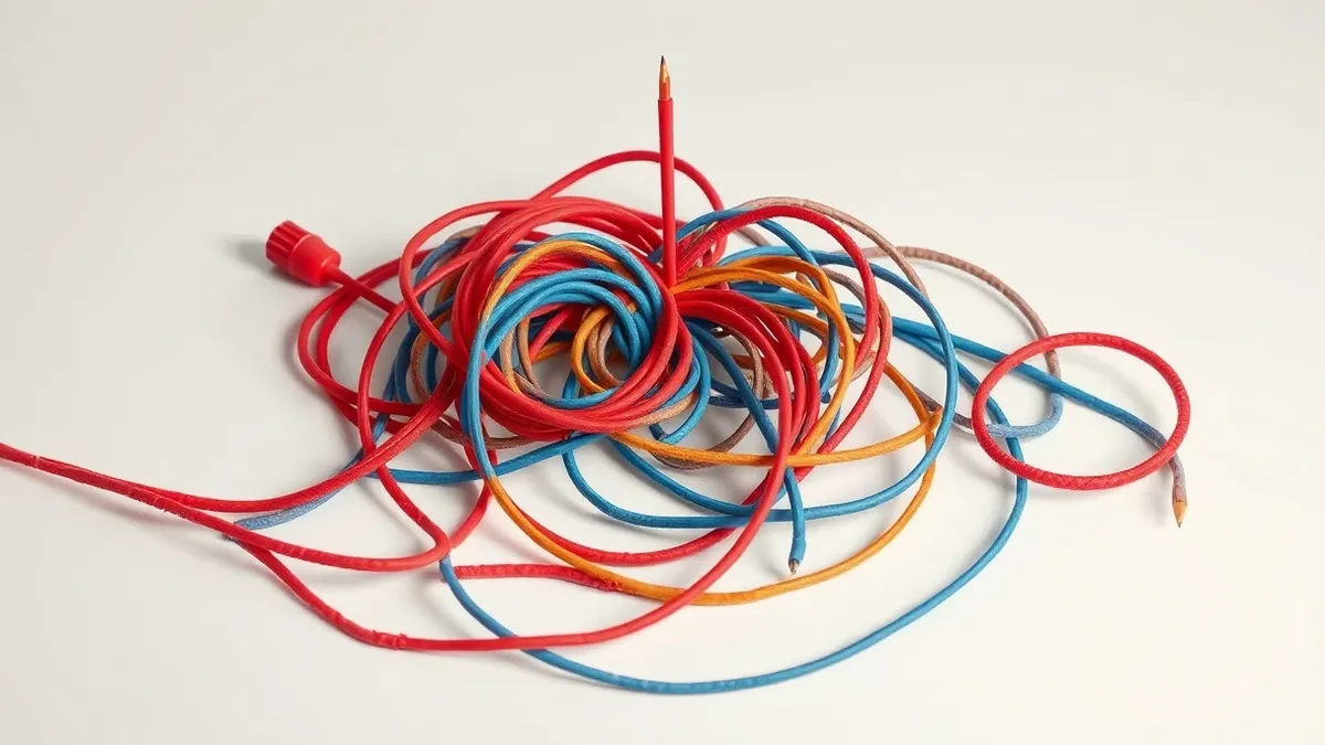 Illustration: A tangled knot of red and blue cords sits on a clean white desk.