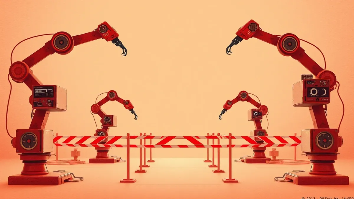 Illustration: Autonomous robotic arms assemble software components in a void, leaving only faint, dissolving light trails behind them.