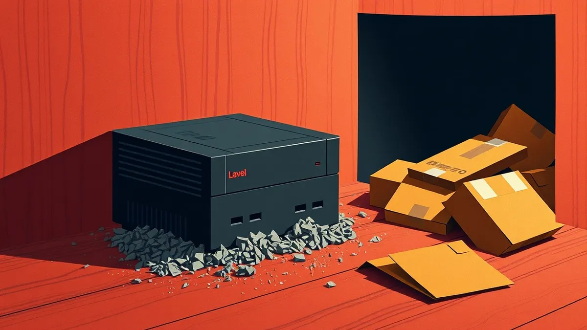 Illustration: A black rectangular game console sits alone on a dusty wooden surface, its vents clogged with gray debris.