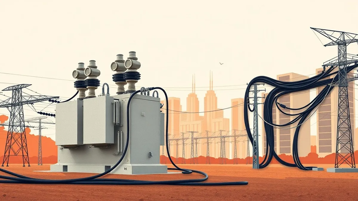 Illustration: A massive concrete electrical substation stands under a clear sky, its heavy transformers connected to thick black cables that snake toward a cluster of sleek, modern
