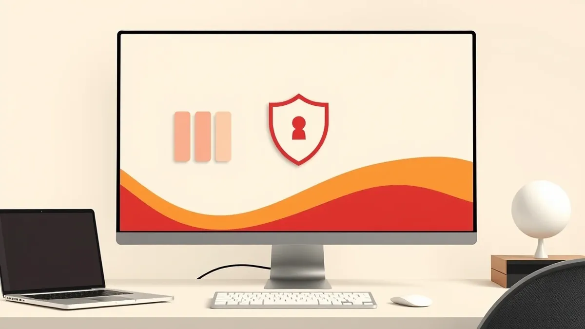 Illustration: A sleek, standalone computer monitor sits on a clean desk, displaying a blank software interface with rigid geometric bars and a large shield icon in the center.