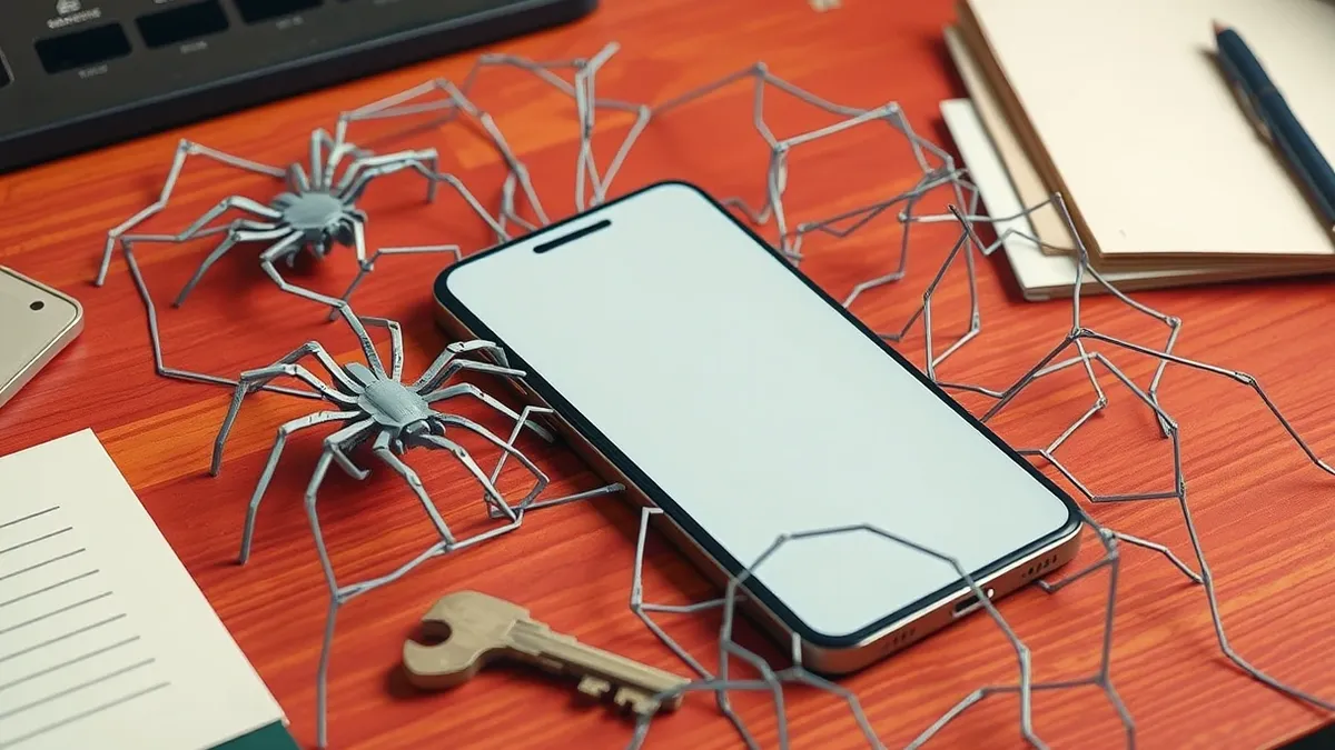 Illustration: A tangled web of grey mechanical spiders sits on a wooden desk, their thin legs wrapped around a blank smartphone and a simple key.