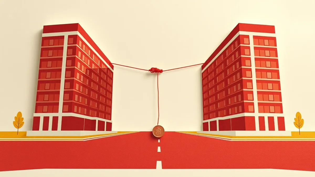 Illustration: Two large corporate headquarters buildings stand opposite each other under a bright sky, connected by a single, fragile thread of red yarn snapping in the middle.