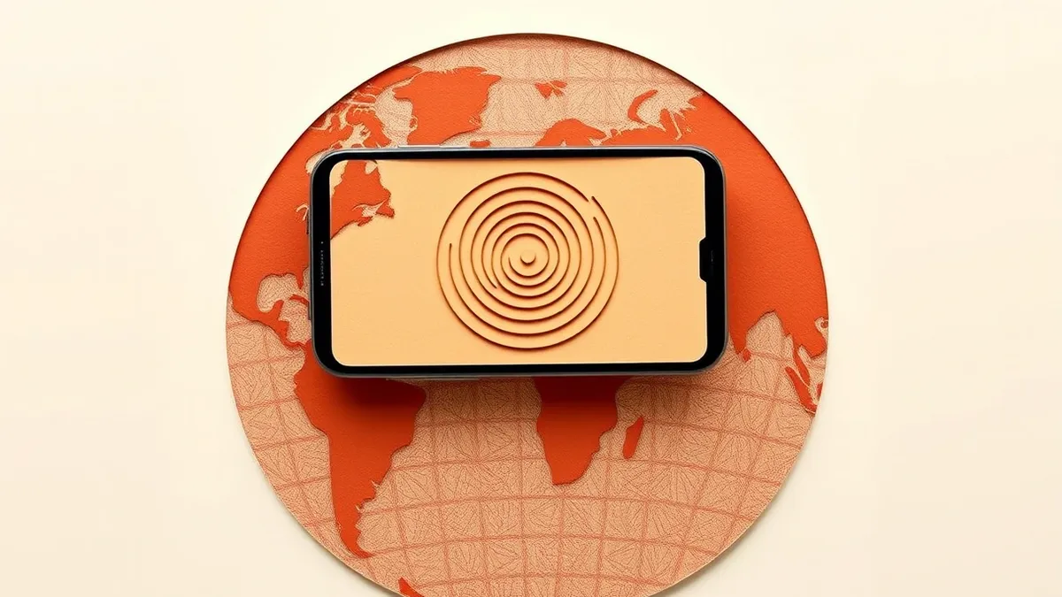 Illustration: A smartphone floats above a textured globe, its screen displaying abstract concentric rings that pulse outward from a central point.
