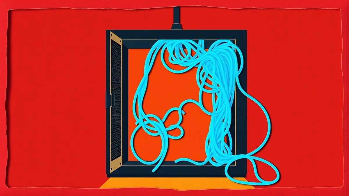 Illustration: An open server rack sits inside a dimly lit room with its protective cage door hanging loosely ajar.