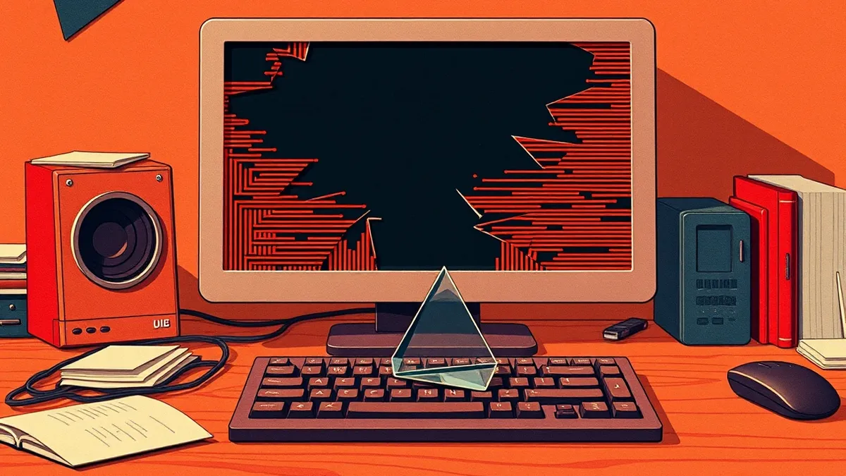 Illustration: A cracked command prompt window sits on a cluttered desk, its dark interior spilling jagged lines of red and orange static onto the wooden surface.