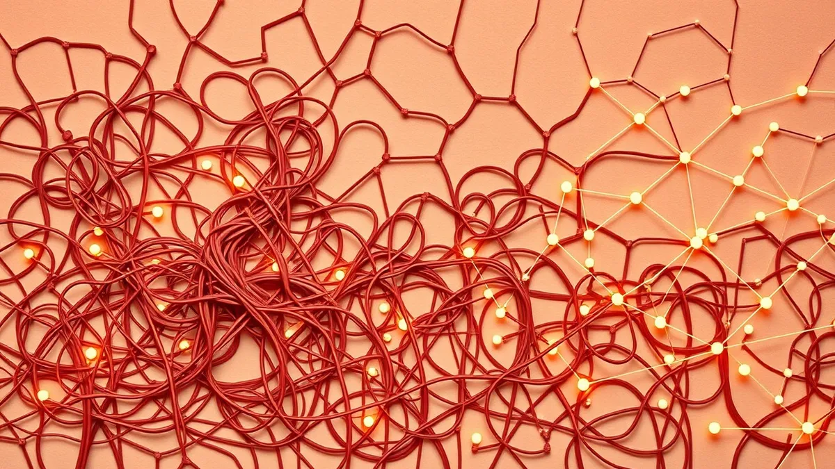 Illustration: A sprawling tangle of tangled wires transforms into a clean, organized network of glowing nodes and connecting lines.