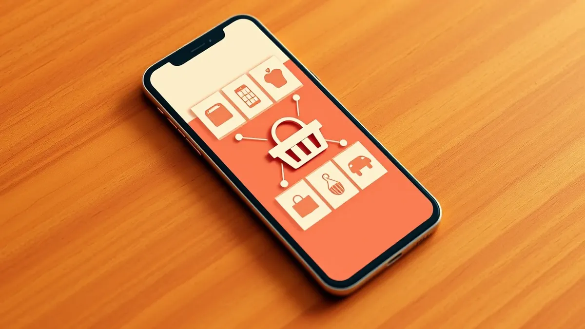 Illustration: A generic smartphone rests on a wooden surface, displaying a clean shopping interface with abstract product thumbnails arranged in a grid.