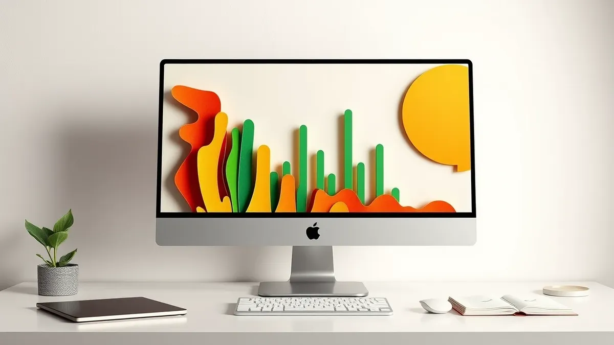 Illustration: A sleek desktop monitor displays a clean interface where jagged, abstract lines representing raw code morph into smooth, rising green columns.