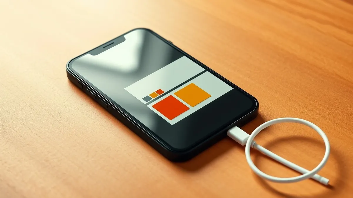 Illustration: A sleek black smartphone rests on a matte wooden desk, displaying a clean interface with abstract geometric blocks arranged in a grid.