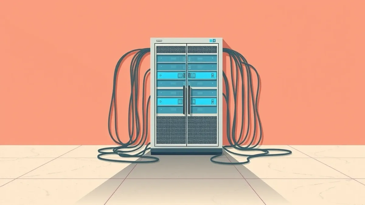 Illustration: A sleek silver server rack stands in an empty room, connected to a tangle of thick cables.