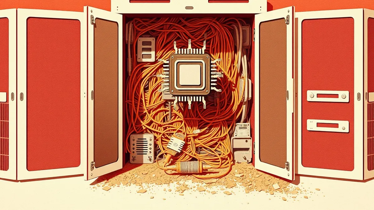 Illustration: A dusty server cabinet stands open, revealing tangled cables and obsolete hardware components.