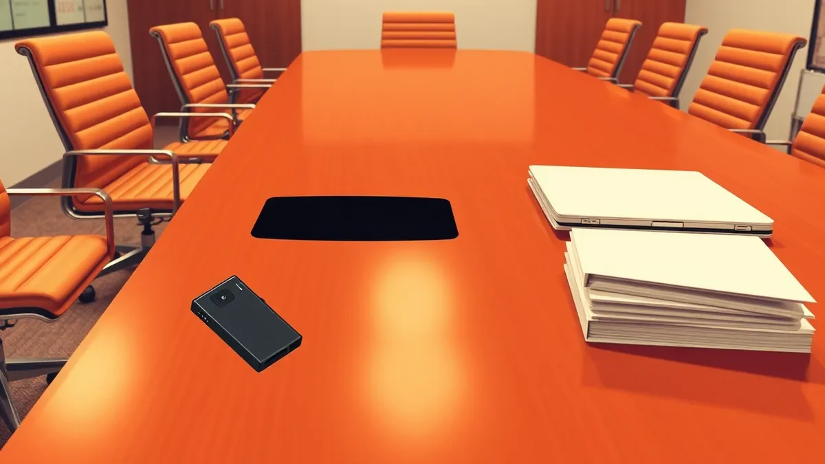 Illustration: A sleek black voice recorder hides inside a hollowed-out conference room table leg, positioned near a blank laptop and a stack of generic meeting folders.