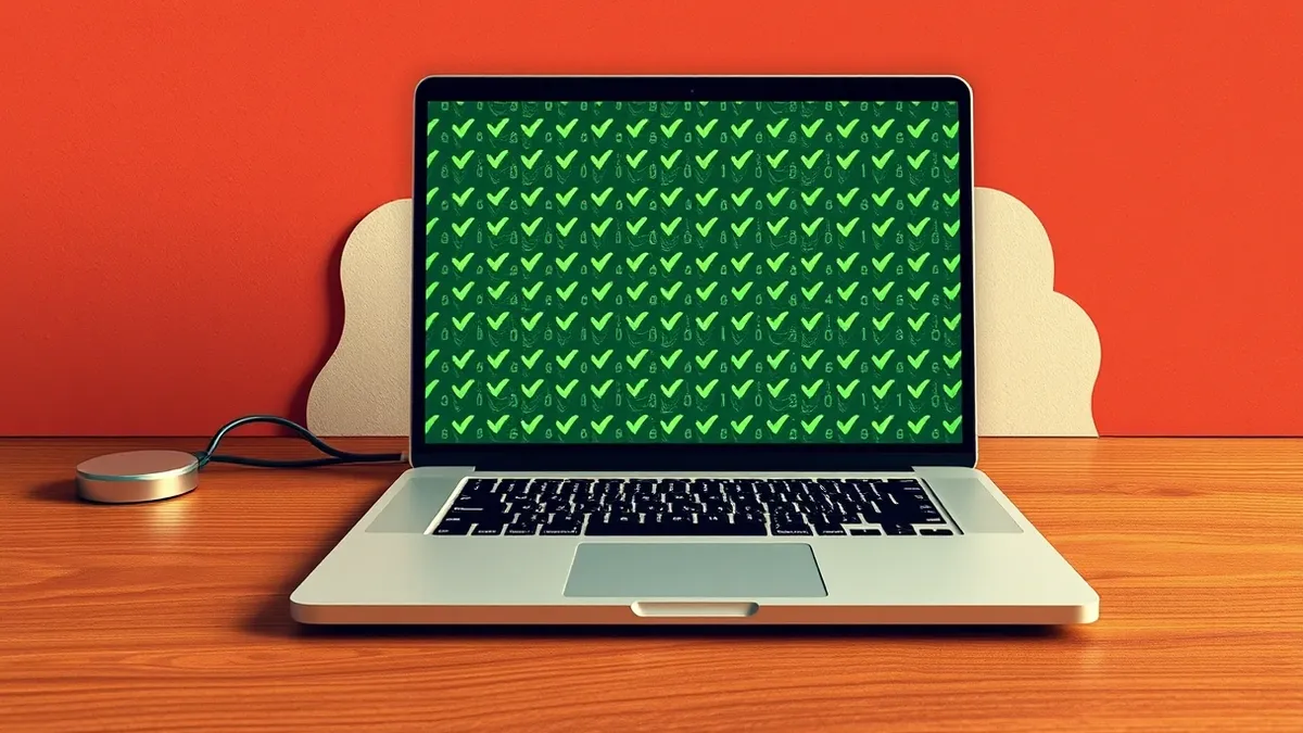 Illustration: A sleek silver laptop sits on a wooden desk, its screen displaying a dense grid of abstract green checkmarks and flowing data lines.