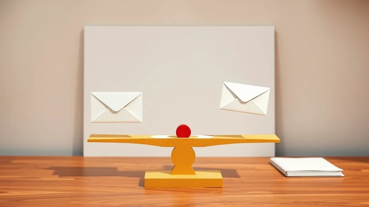 Illustration: A balanced scale sits on a wooden desk, weighing a single white envelope against a blank gray shield.